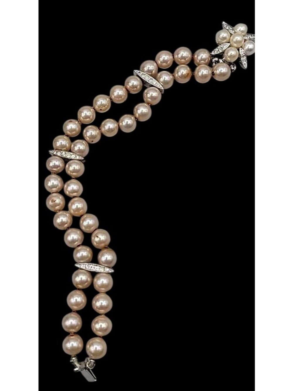 Vintage Panetta Double Strand Champagne Faux Pearl Bracelet Rhinestone Clasp - Picture 6 of 16